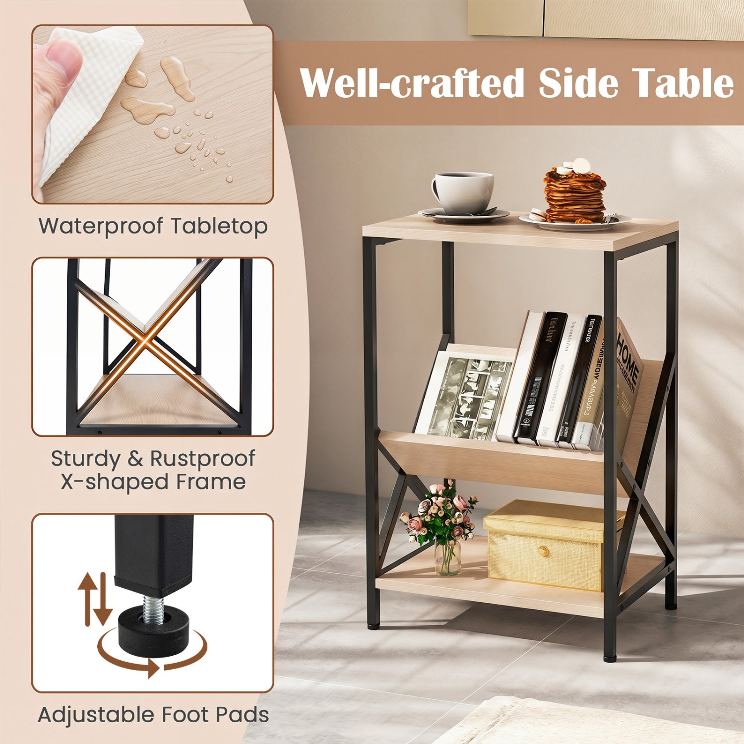 3-Tier Industrial Side Table with V-shaped Bookshelf for Living Room, Natural End & Side Tables at Gallery Canada
