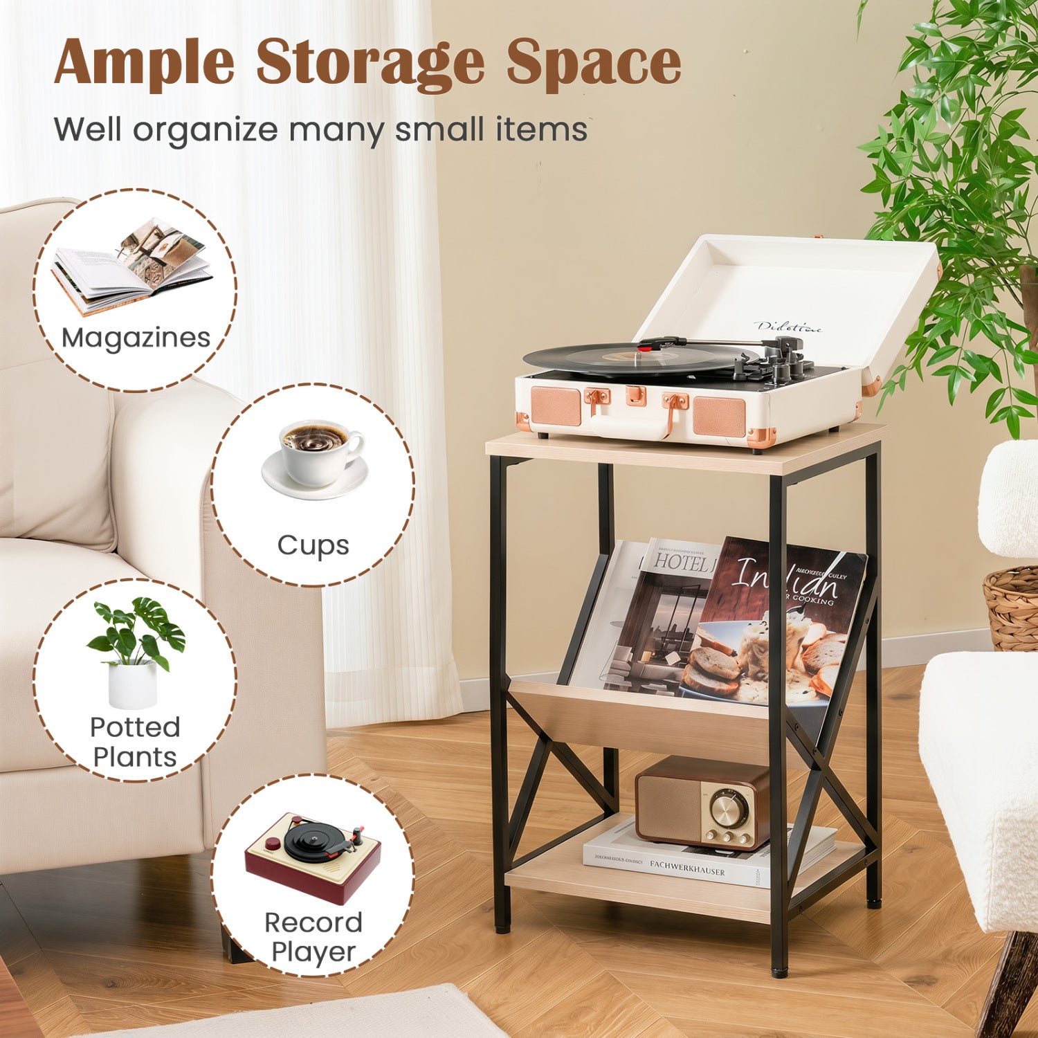 3-Tier Industrial Side Table with V-shaped Bookshelf for Living Room, Natural End & Side Tables at Gallery Canada