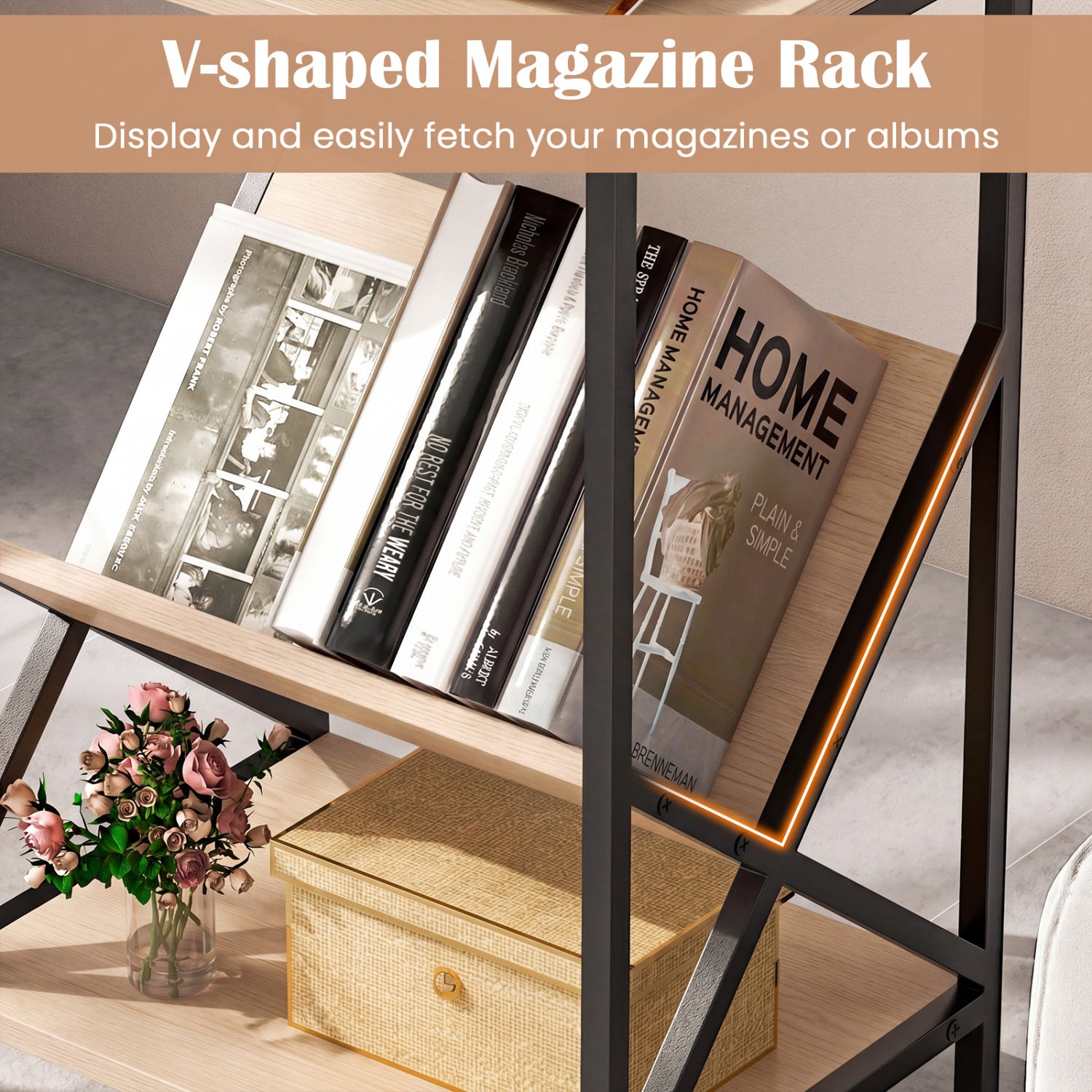 3-Tier Industrial Side Table with V-shaped Bookshelf for Living Room, Natural End & Side Tables at Gallery Canada
