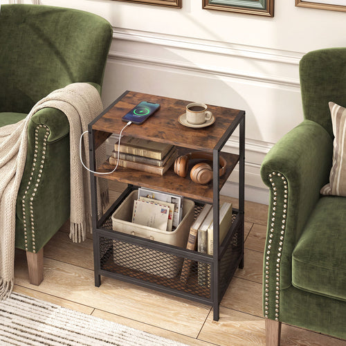 3-Tier Industrial Side Table, 2 AC Outlets & 1 Type-C Port, Rustic Brown