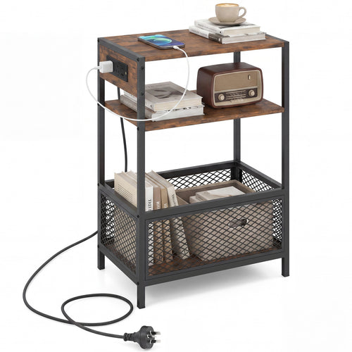3-Tier Industrial Side Table, 2 AC Outlets & 1 Type-C Port, Rustic Brown