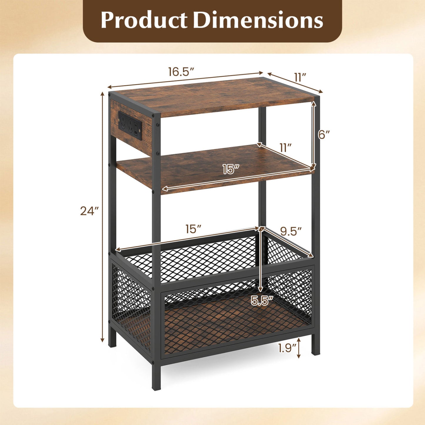 3-Tier Industrial Side Table, 2 AC Outlets & 1 Type-C Port, Rustic Brown