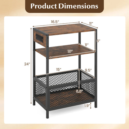 3-Tier Industrial Side Table, 2 AC Outlets & 1 Type-C Port, Rustic Brown