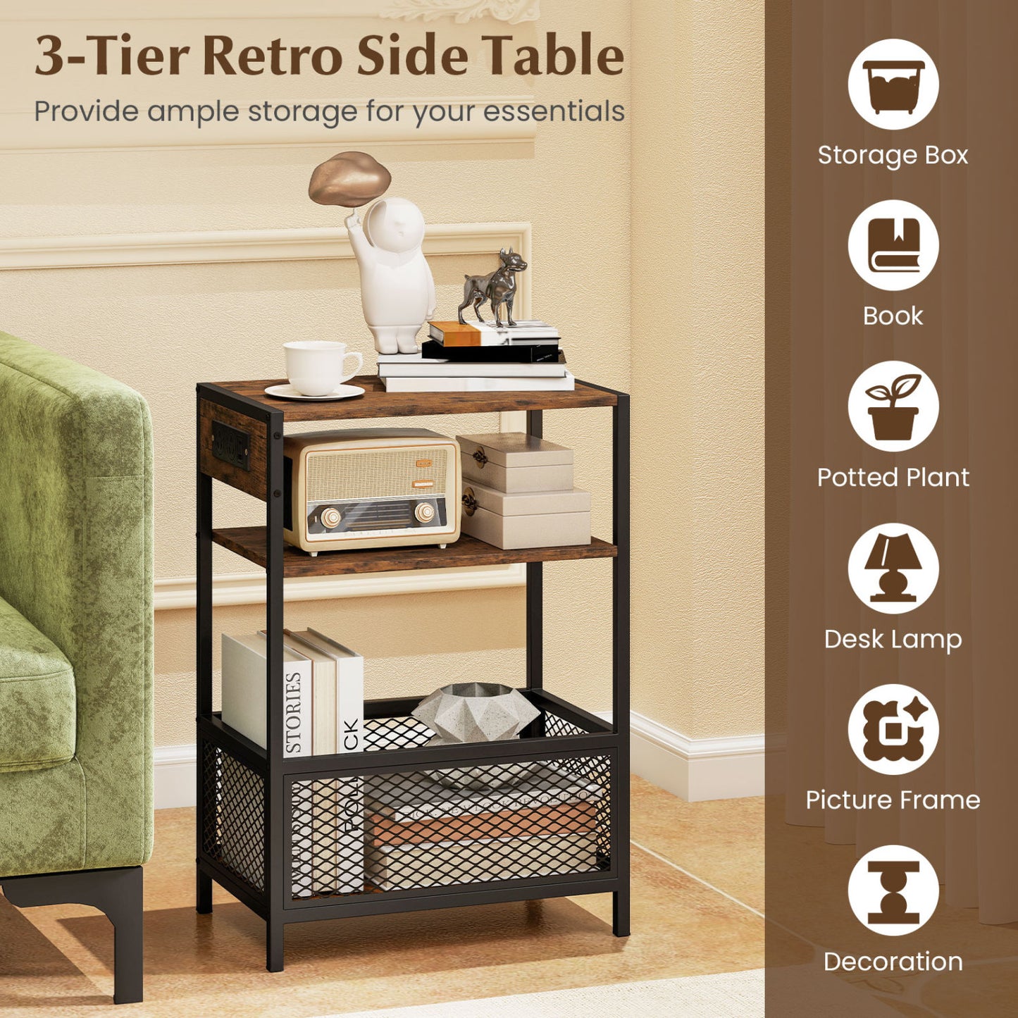 3-Tier Industrial Side Table, 2 AC Outlets & 1 Type-C Port, Rustic Brown