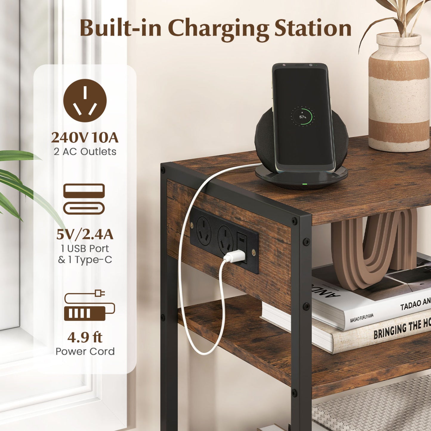 3-Tier Industrial Side Table, 2 AC Outlets & 1 Type-C Port, Rustic Brown