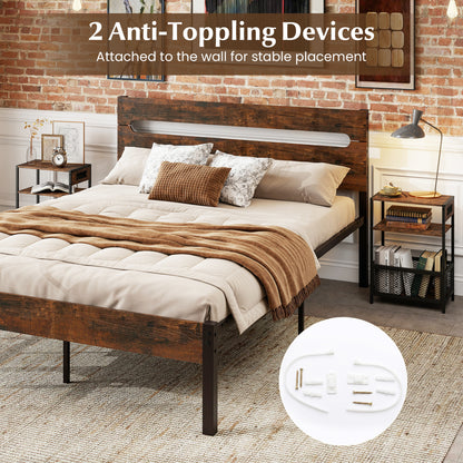 3-Tier Industrial Side Table, 2 AC Outlets & 1 Type-C Port, Rustic Brown
