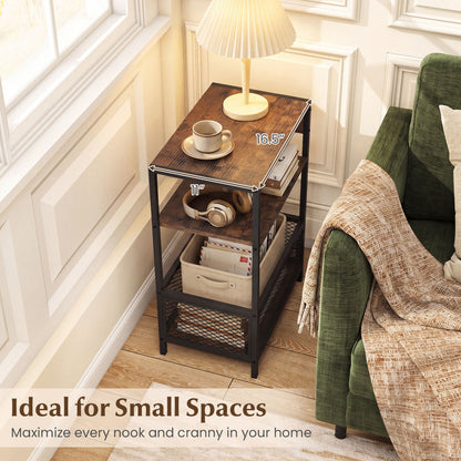 3-Tier Industrial Side Table, 2 AC Outlets & 1 Type-C Port, Rustic Brown