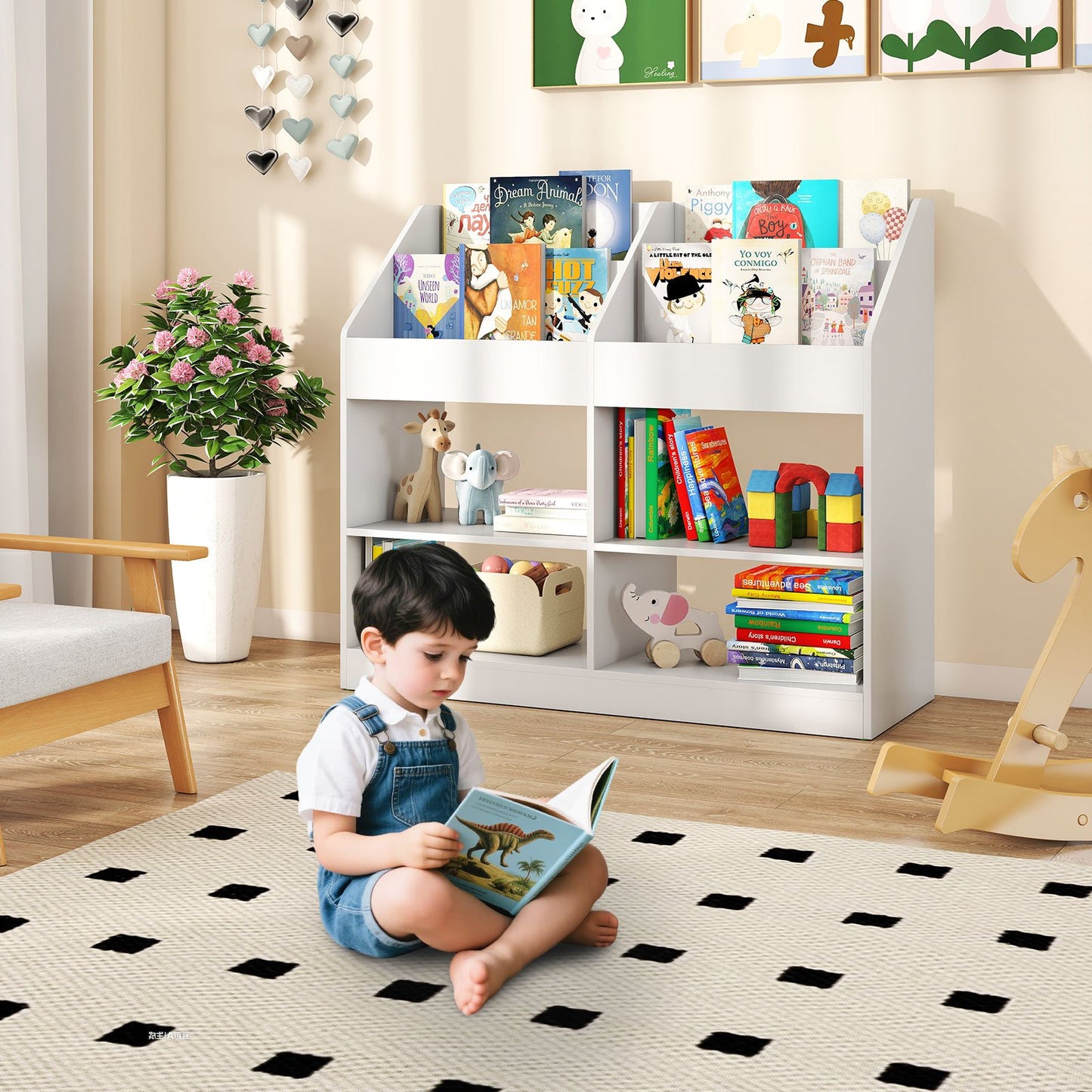 3-Tier Kid's Bookshelf Toy Storage Organizer with Display Rack and 4 Compartments, White Kids Storage at Gallery Canada