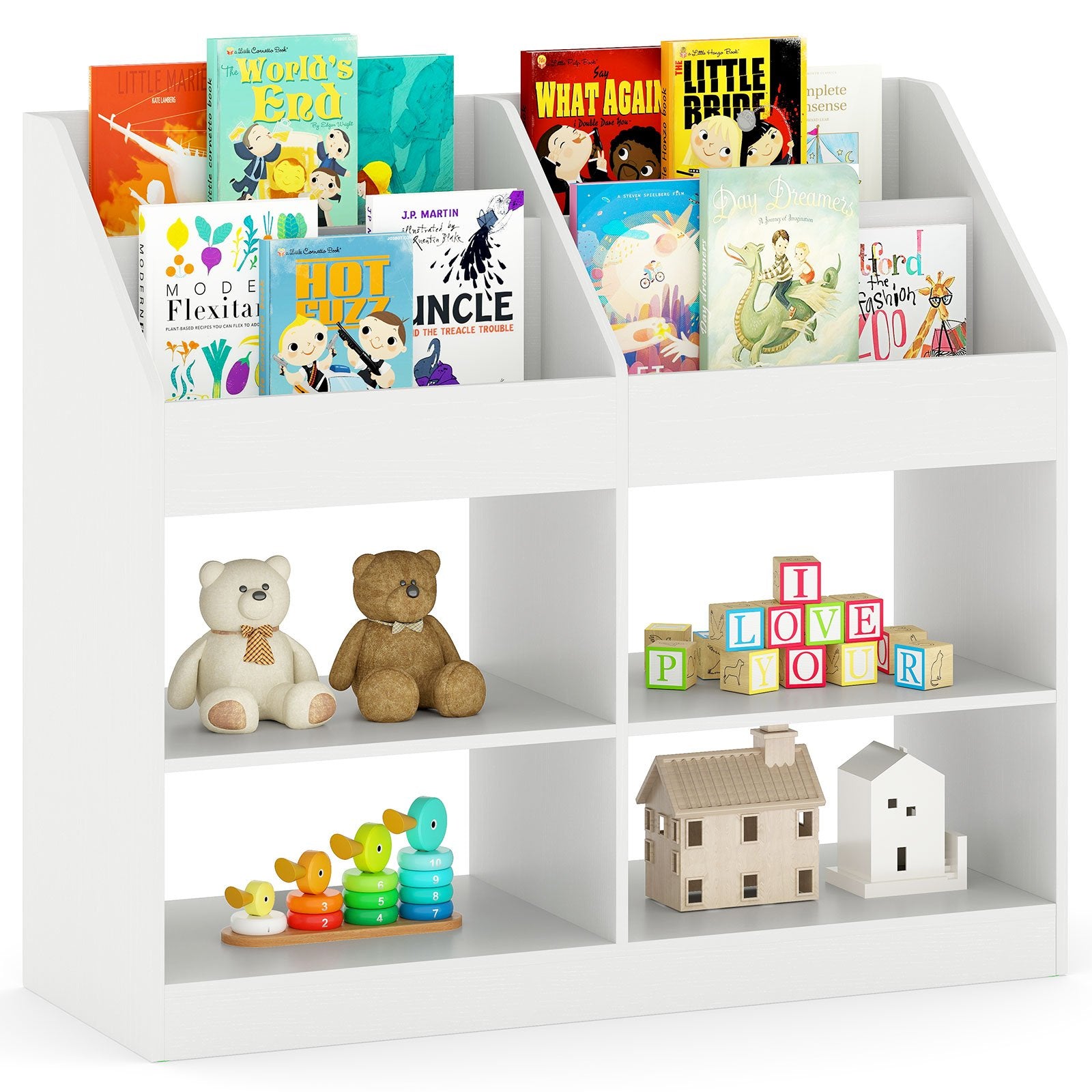 3-Tier Kid's Bookshelf Toy Storage Organizer with Display Rack and 4 Compartments, White Kids Storage at Gallery Canada