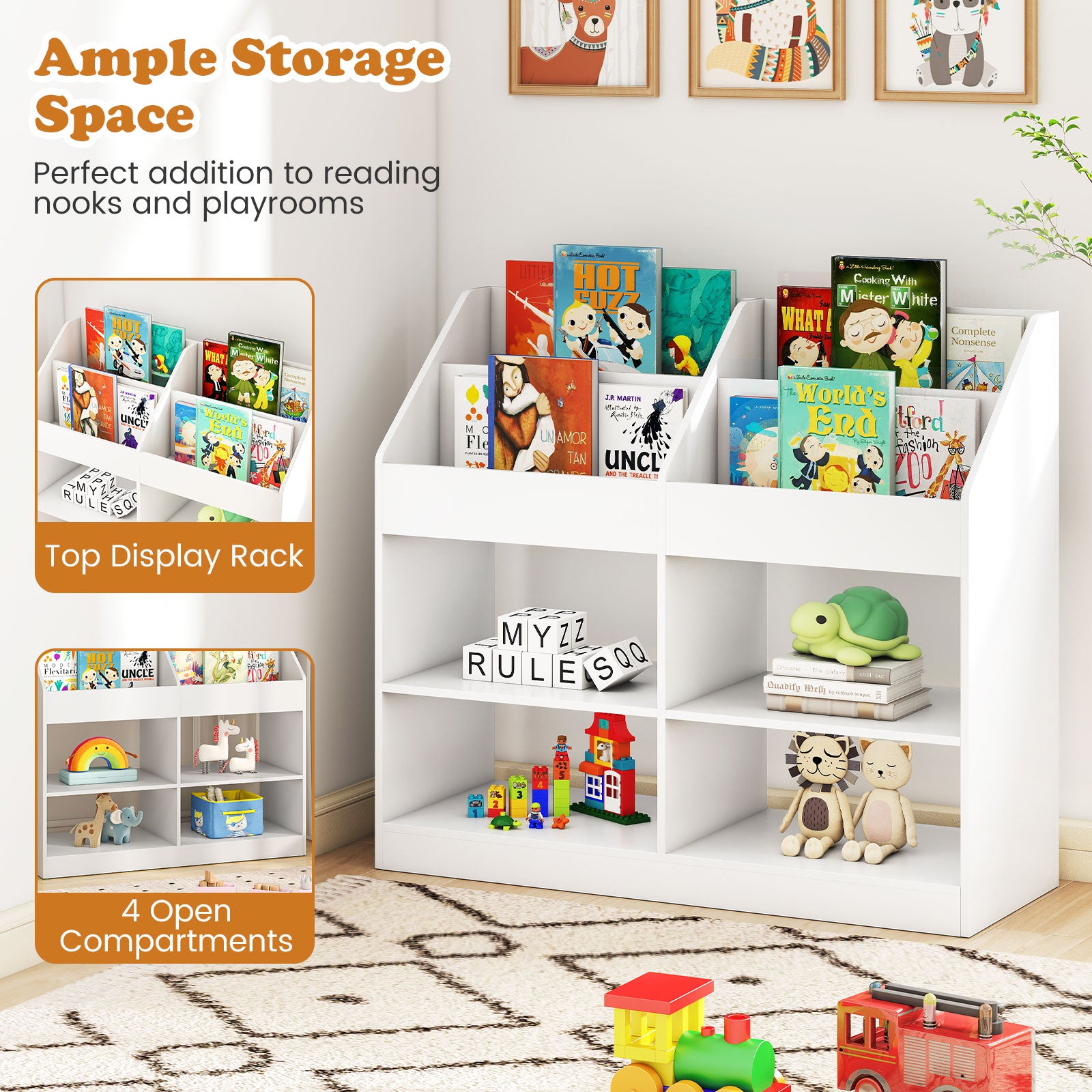 3-Tier Kid's Bookshelf Toy Storage Organizer with Display Rack and 4 Compartments, White Kids Storage at Gallery Canada
