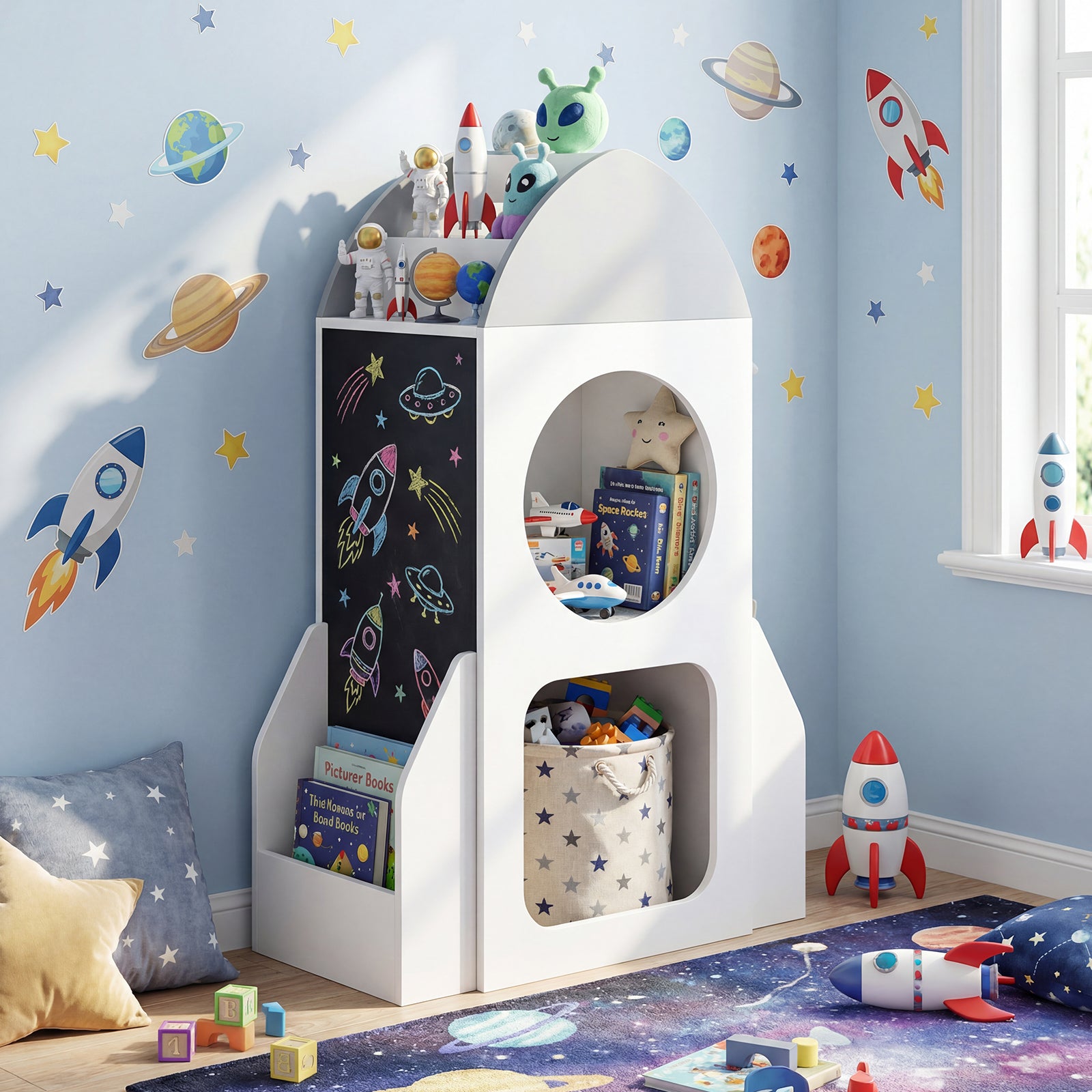 3-Tier Kids Bookshelf Rocket Space Theme Toddler Toy Storage Organizer, White Kids Storage at Gallery Canada