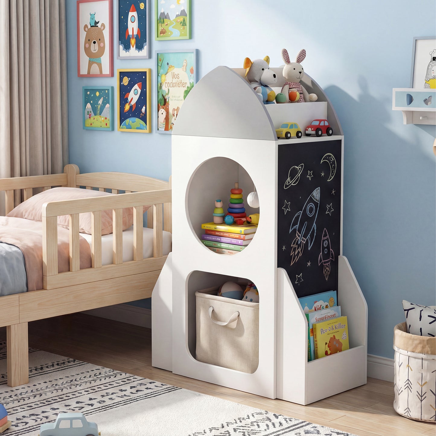 3-Tier Kids Bookshelf Rocket Space Theme Toddler Toy Storage Organizer, White Kids Storage at Gallery Canada