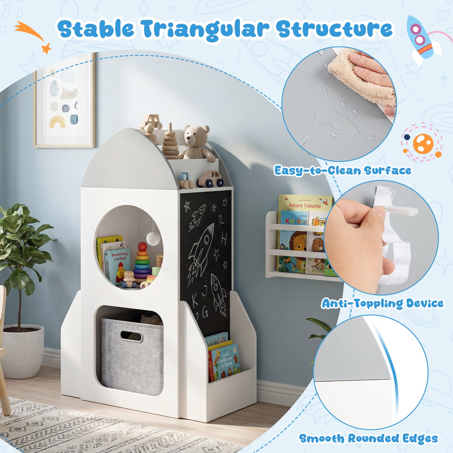 3-Tier Kids Bookshelf Rocket Space Theme Toddler Toy Storage Organizer, White Kids Storage at Gallery Canada