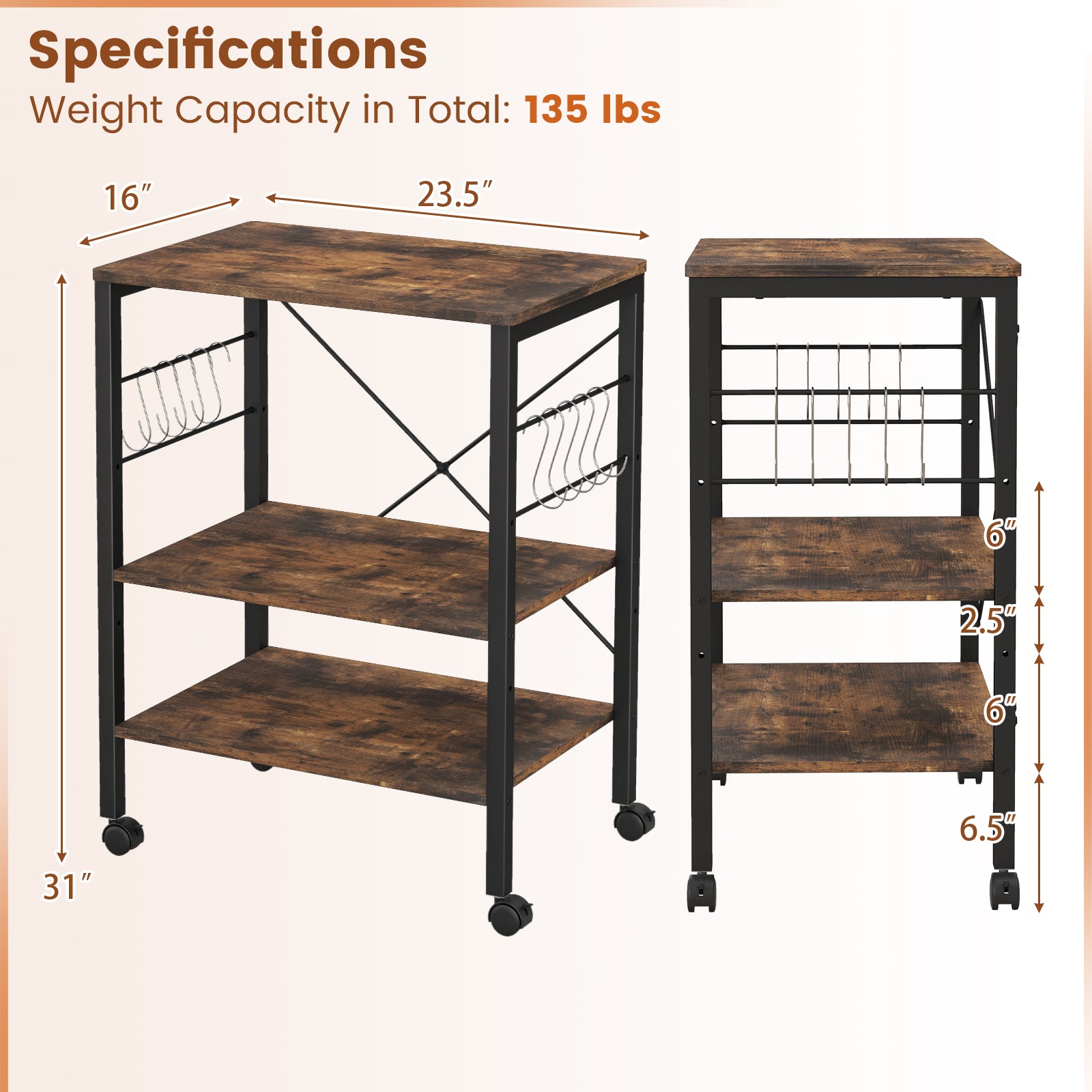 3-Tier Kitchen Baker's Rack Microwave Oven Storage Cart, Rustic Brown Baker's Racks at Gallery Canada
