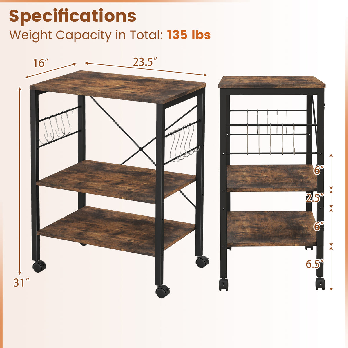 3-Tier Kitchen Baker's Rack Microwave Oven Storage Cart, Rustic Brown Baker's Racks at Gallery Canada