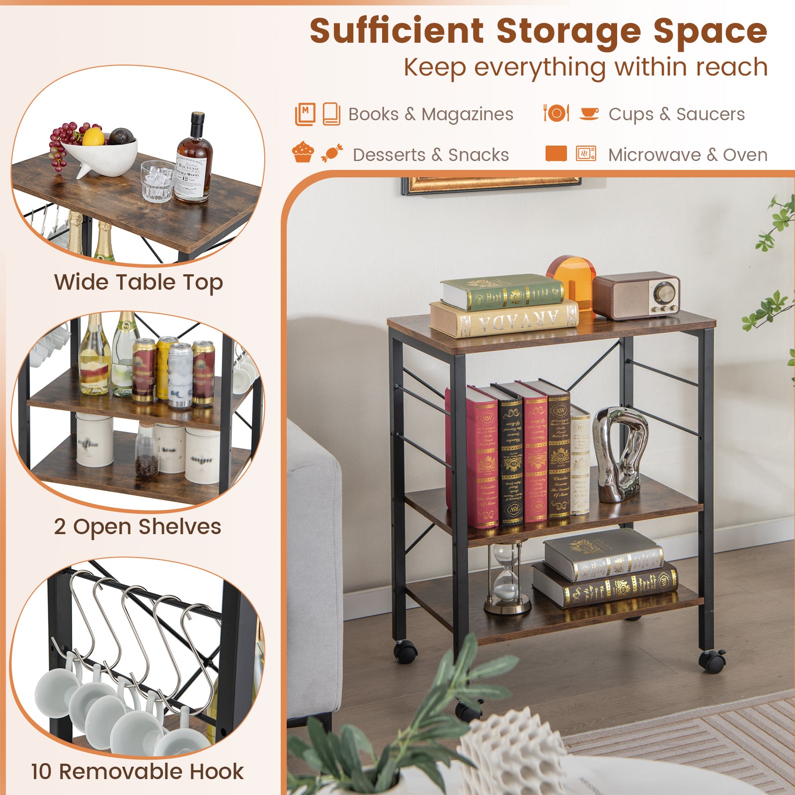 3-Tier Kitchen Baker's Rack Microwave Oven Storage Cart, Rustic Brown Baker's Racks at Gallery Canada