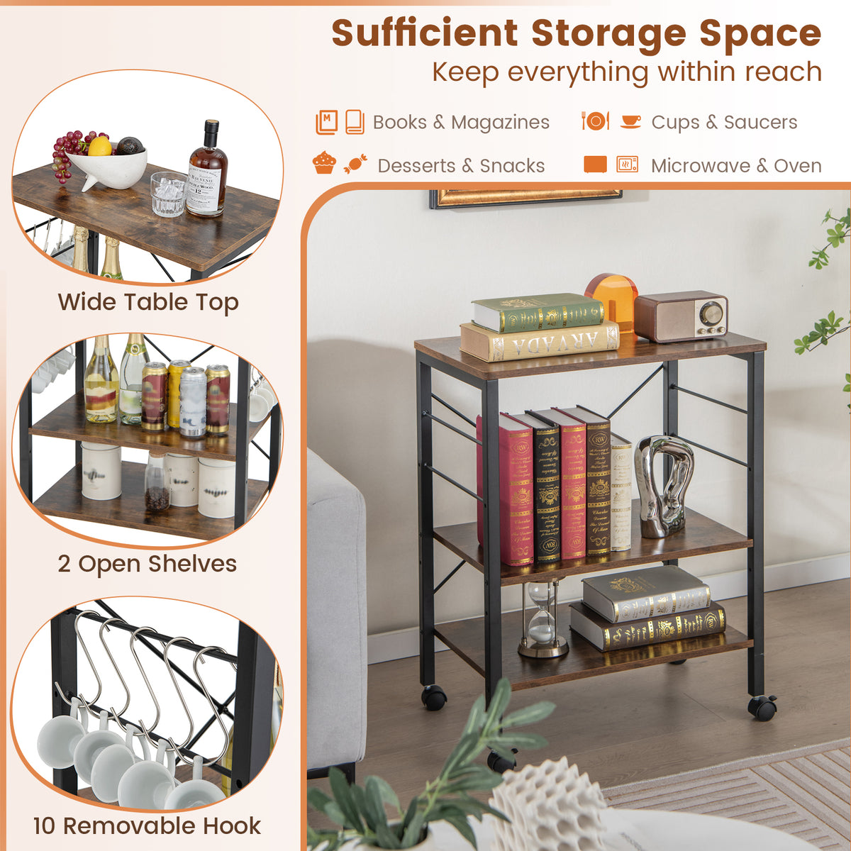 3-Tier Kitchen Baker's Rack Microwave Oven Storage Cart, Rustic Brown Baker's Racks at Gallery Canada
