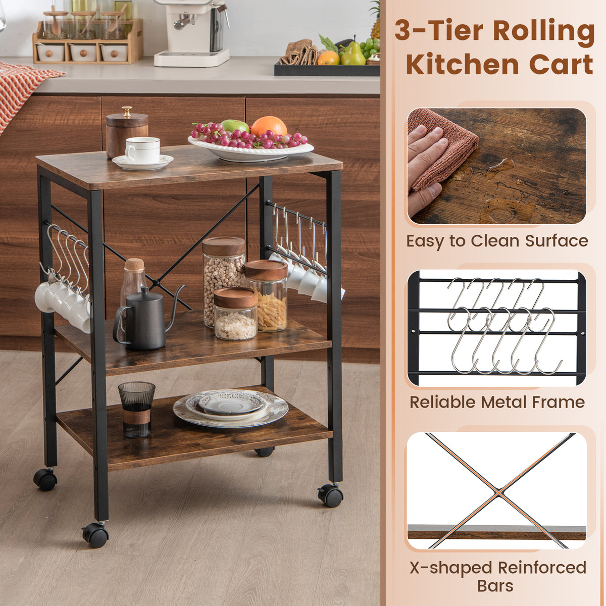 3-Tier Kitchen Baker's Rack Microwave Oven Storage Cart, Rustic Brown Baker's Racks at Gallery Canada