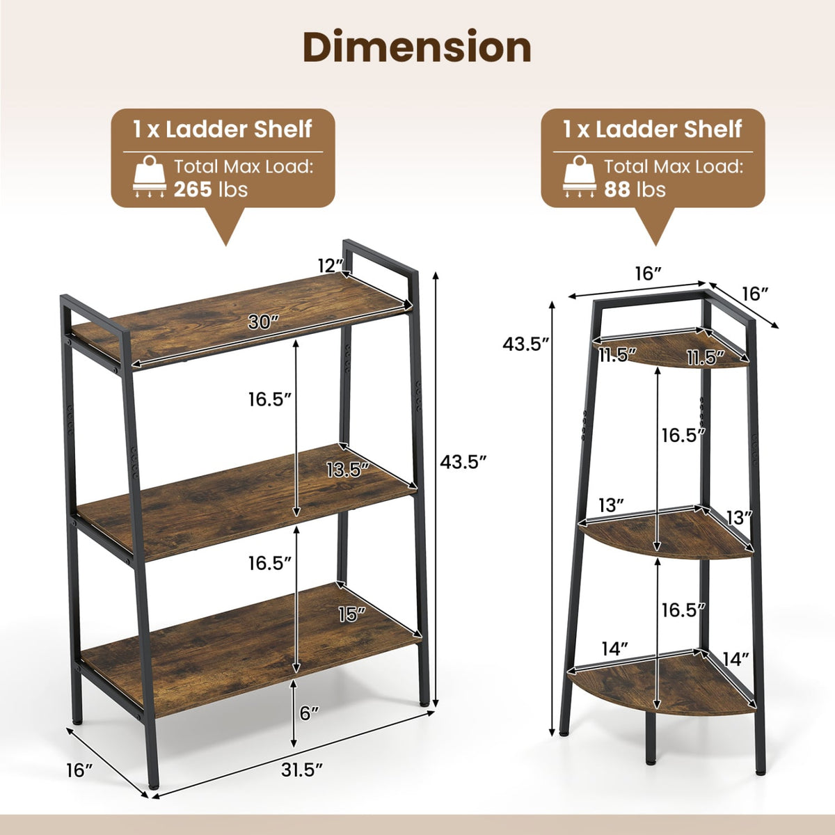 3-Tier Ladder & Corner Shelf Set, Rustic Brown Bookcases at Gallery Canada
