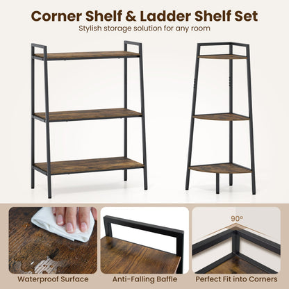 3-Tier Ladder & Corner Shelf Set, Rustic Brown Bookcases at Gallery Canada