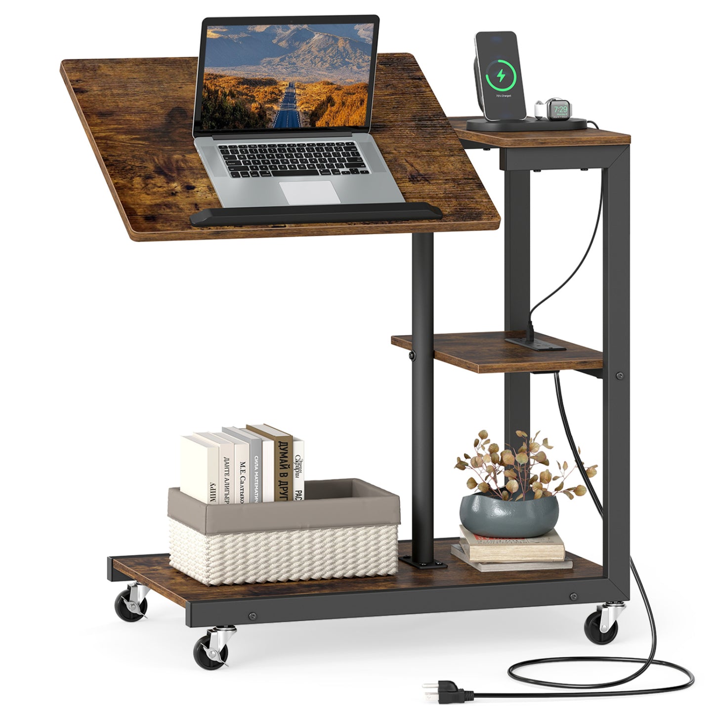 3-Tier Mobile Couch Side Table With Tiltable Top