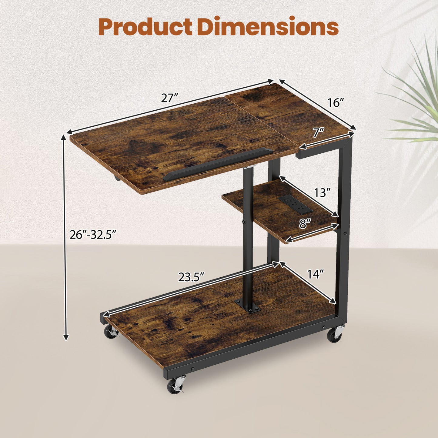 3-Tier Mobile Couch Side Table With Tiltable Top