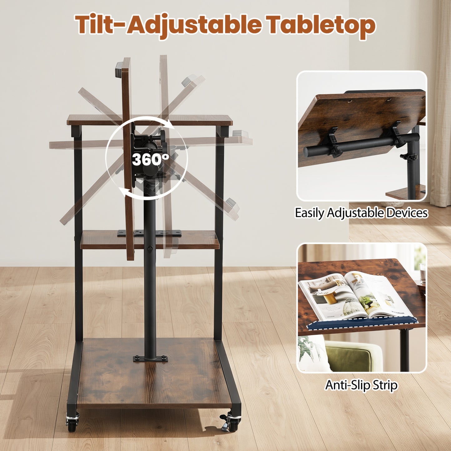 3-Tier Mobile Couch Side Table With Tiltable Top