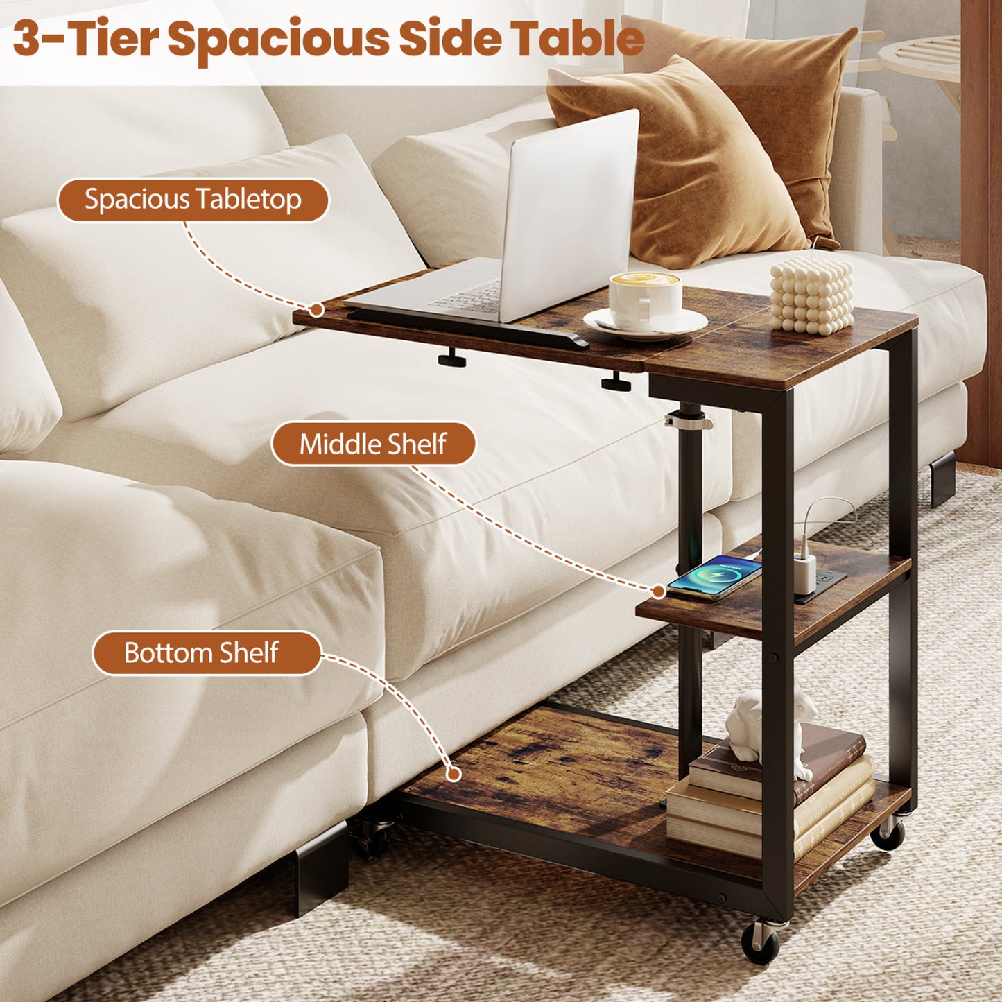 3-Tier Mobile Couch Side Table, Tilting Top, 2-Piece