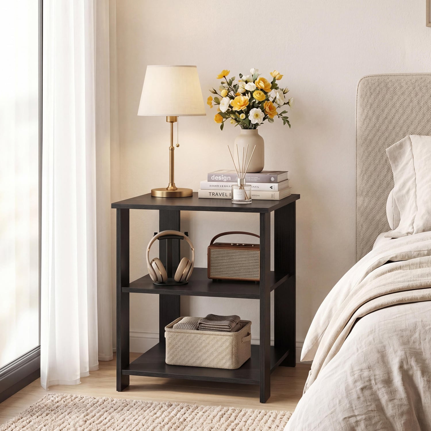 3-Tier Modern Nightstand Square Side Table with Open Storage Shelves, Black End & Side Tables at Gallery Canada