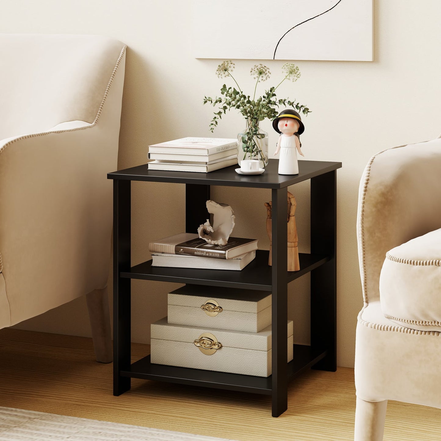 3-Tier Modern Nightstand Square Side Table with Open Storage Shelves, Black End & Side Tables at Gallery Canada