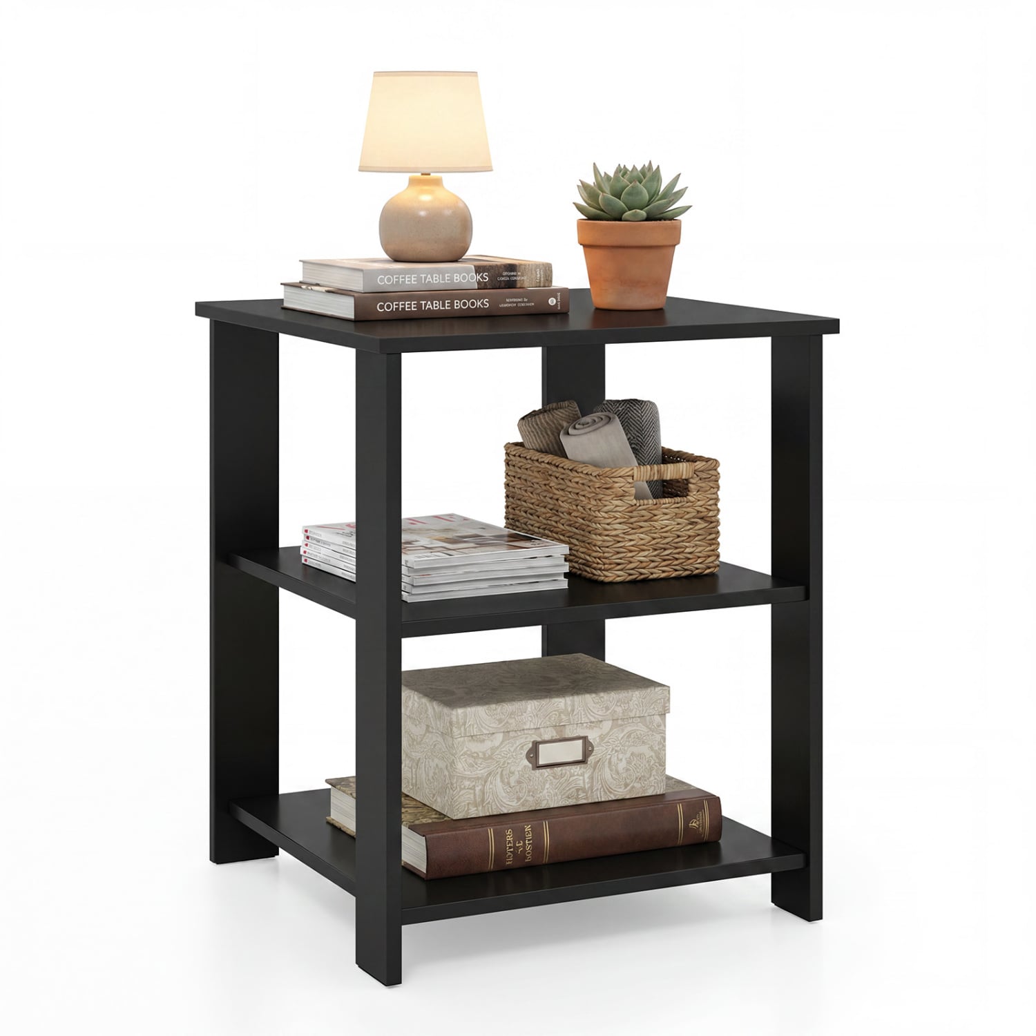 3-Tier Modern Nightstand Square Side Table with Open Storage Shelves, Black End & Side Tables at Gallery Canada