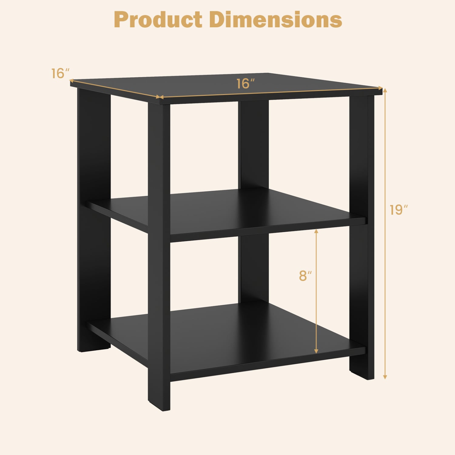 3-Tier Modern Nightstand Square Side Table with Open Storage Shelves, Black End & Side Tables at Gallery Canada