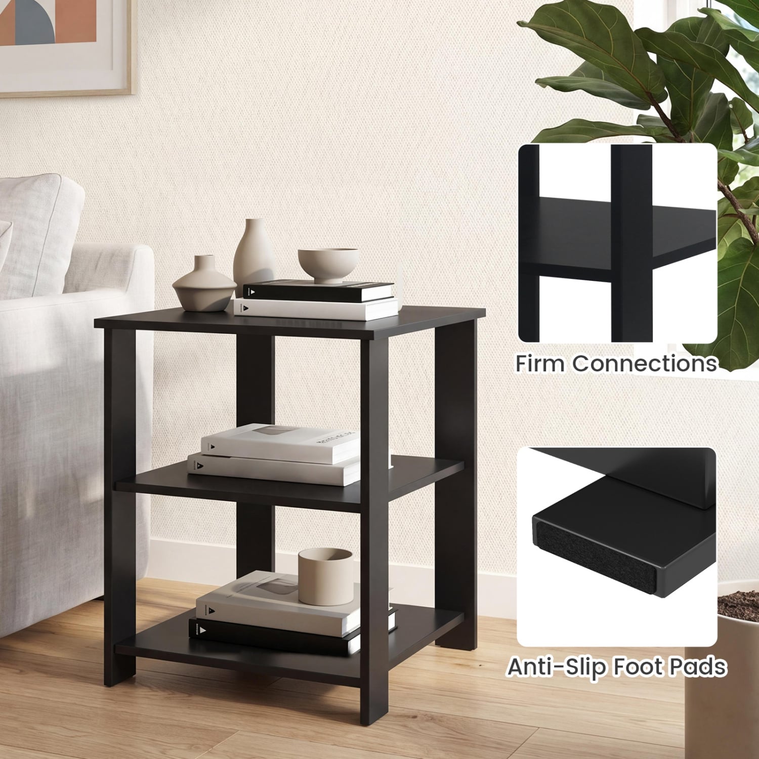3-Tier Modern Nightstand Square Side Table with Open Storage Shelves, Black End & Side Tables at Gallery Canada
