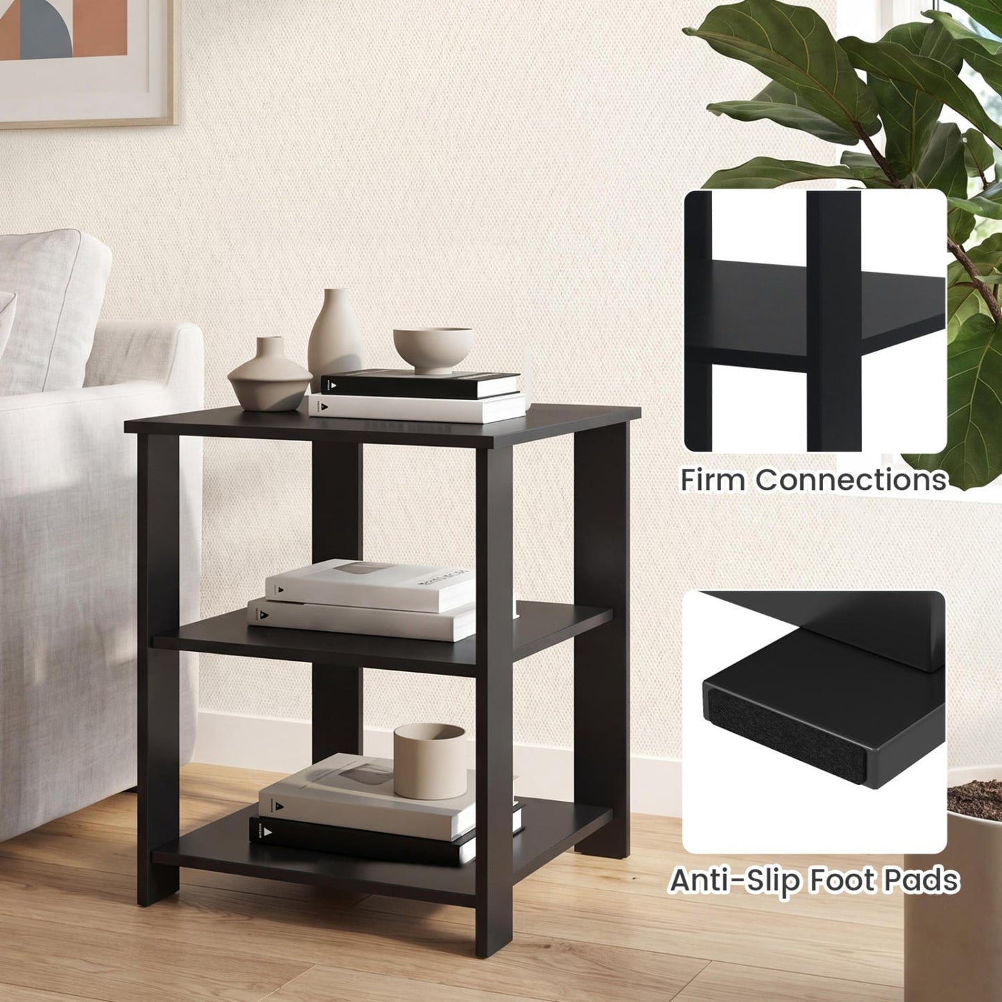 3-Tier Modern Nightstand Square Side Table with Open Storage Shelves, Black End & Side Tables at Gallery Canada
