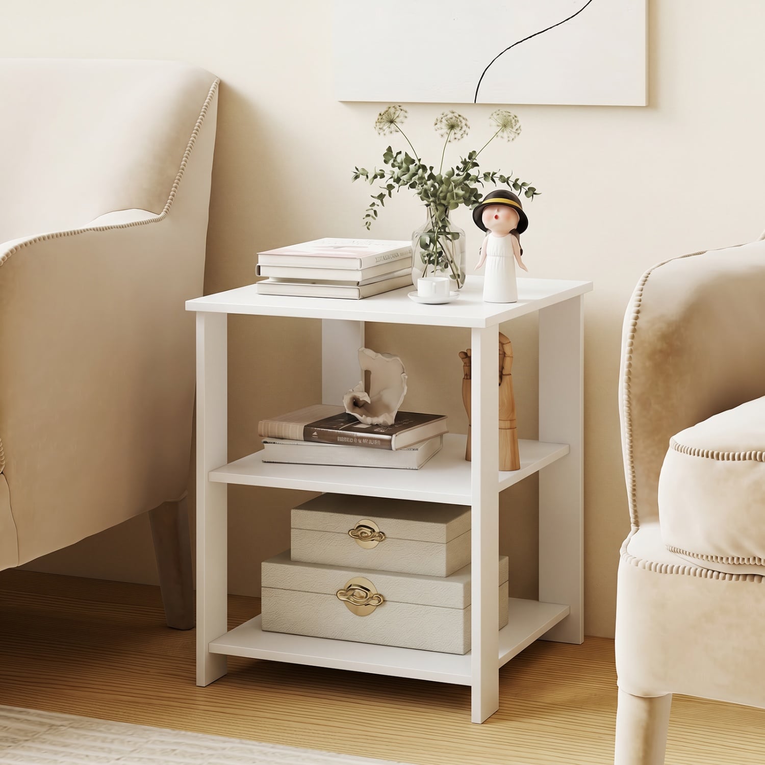 3-Tier Modern Nightstand Square Side Table with Open Storage Shelves, White End & Side Tables at Gallery Canada