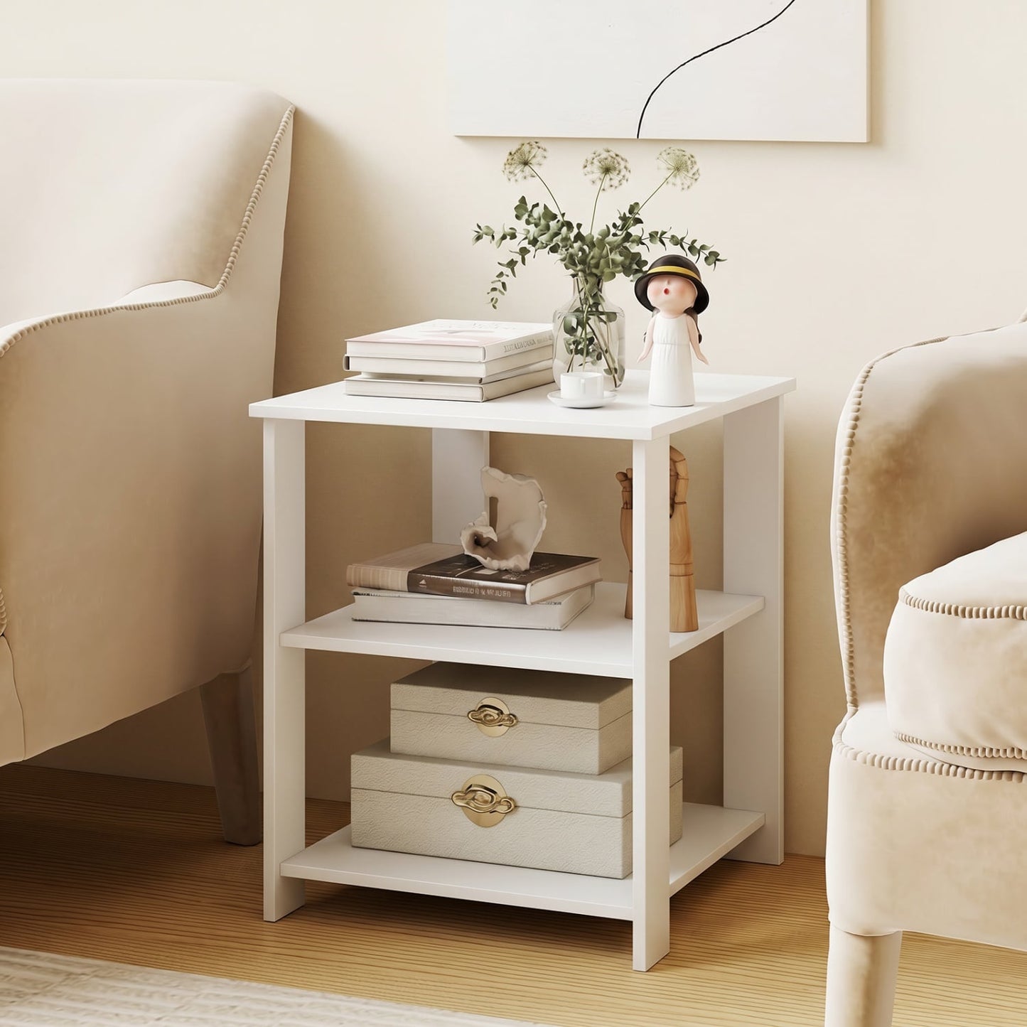 3-Tier Modern Nightstand Square Side Table with Open Storage Shelves, White End & Side Tables at Gallery Canada