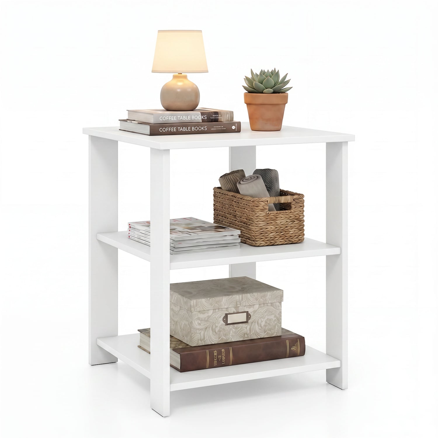 3-Tier Modern Nightstand Square Side Table with Open Storage Shelves, White End & Side Tables at Gallery Canada