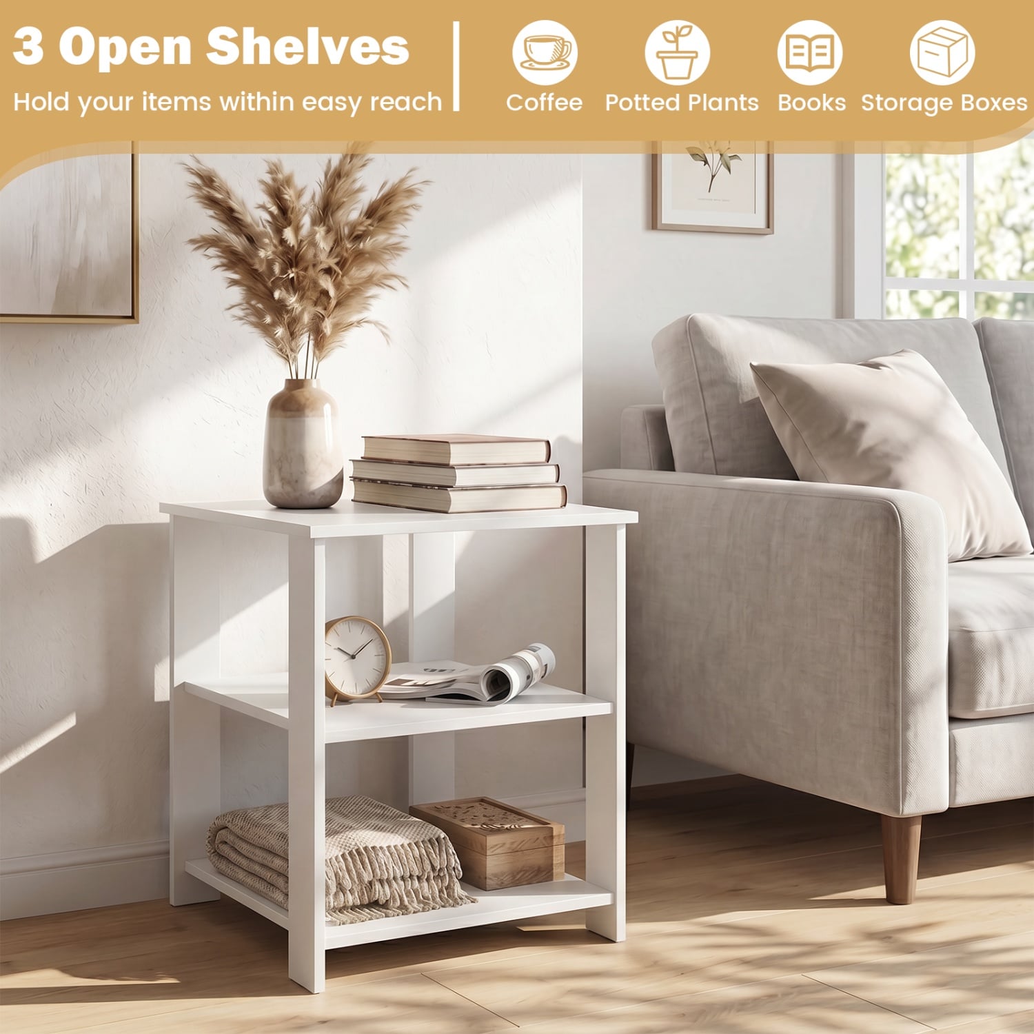 3-Tier Modern Nightstand Square Side Table with Open Storage Shelves, White End & Side Tables at Gallery Canada
