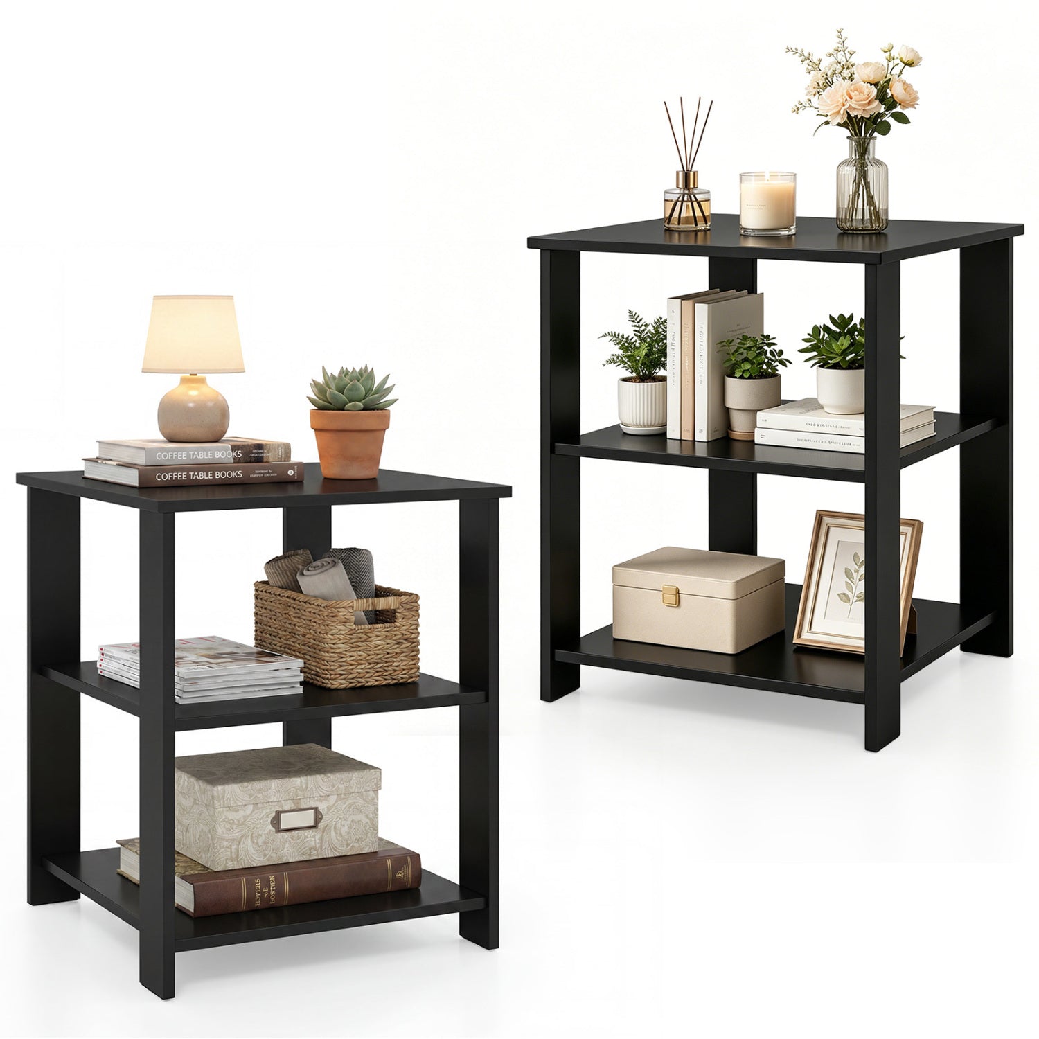 3-Tier Modern Nightstand Square Side Table with Open Storage Shelves Set of 2, Black End & Side Tables at Gallery Canada
