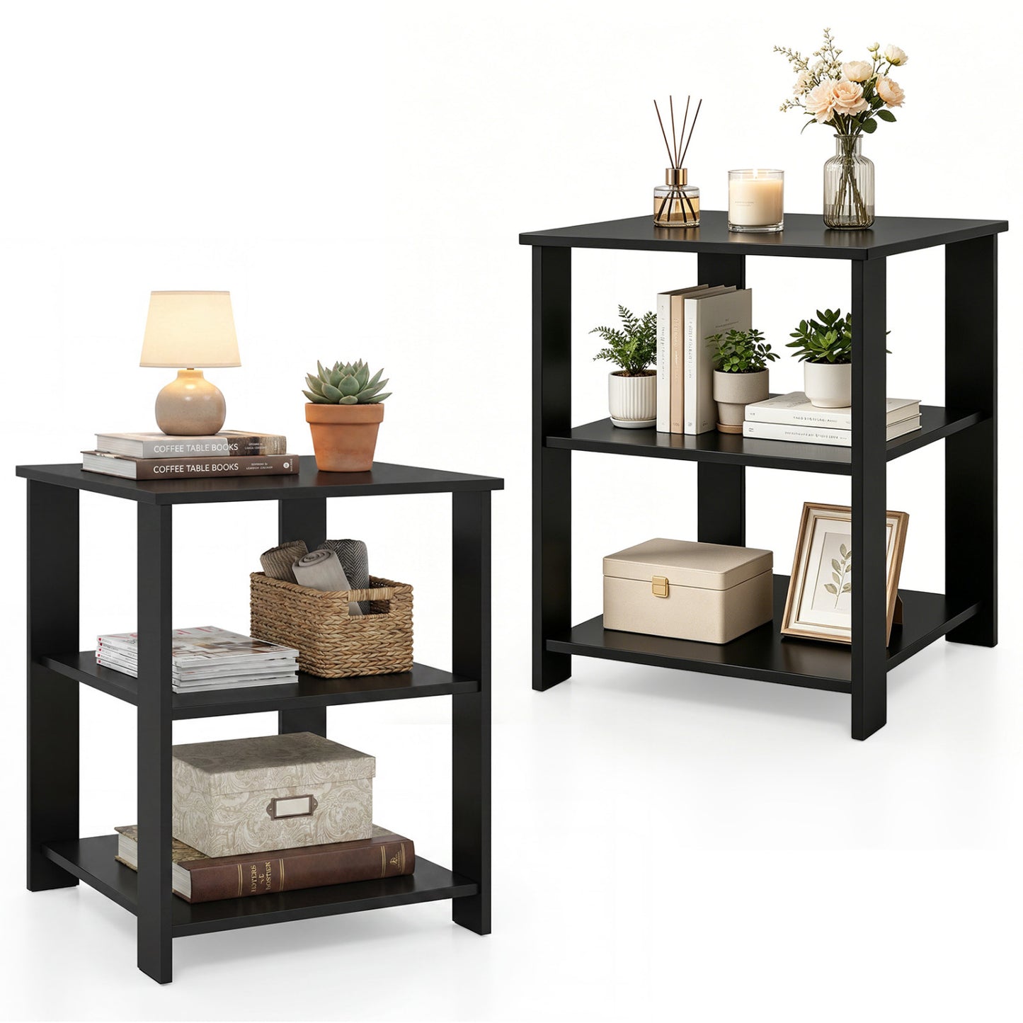3-Tier Modern Nightstand Square Side Table with Open Storage Shelves Set of 2, Black End & Side Tables at Gallery Canada