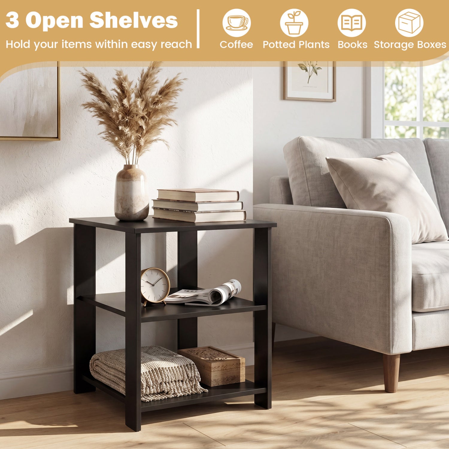 3-Tier Modern Nightstand Square Side Table with Open Storage Shelves Set of 2, Black End & Side Tables at Gallery Canada