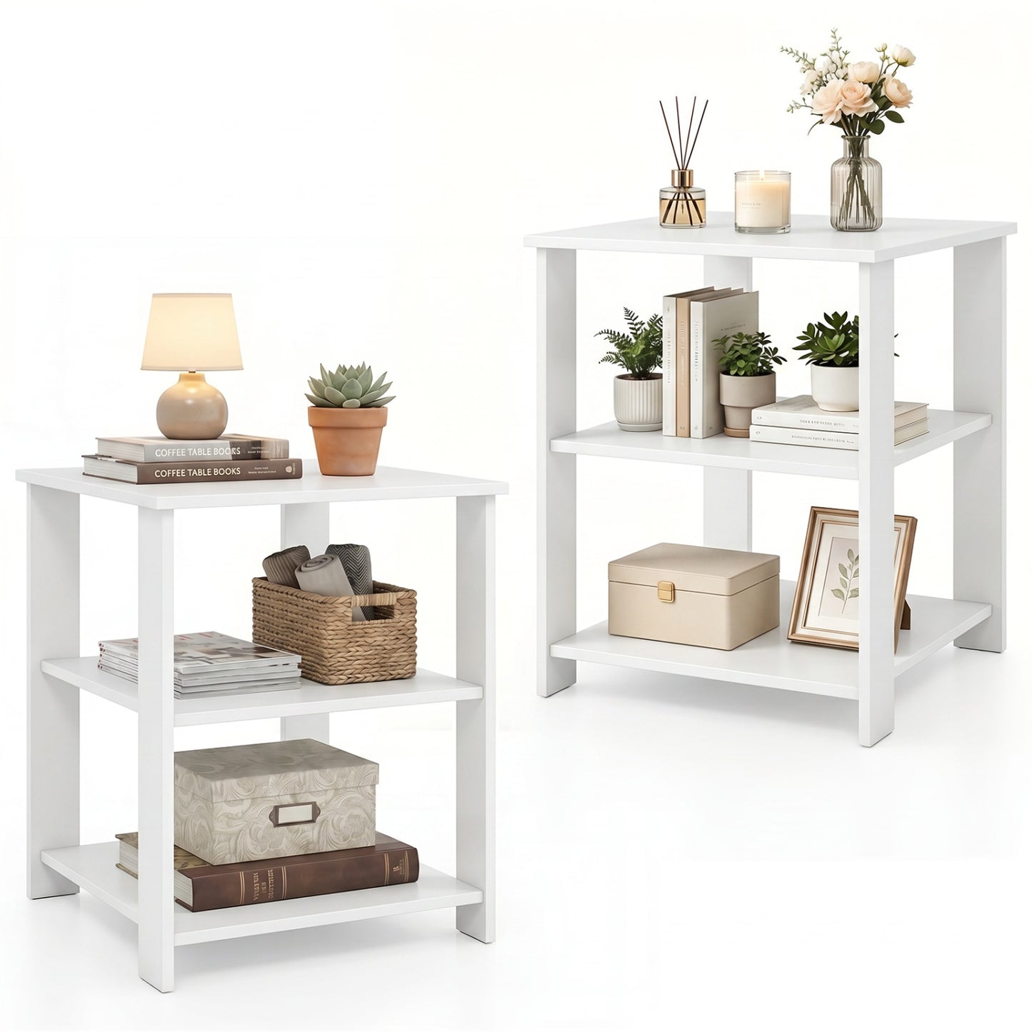 3-Tier Modern Nightstand Square Side Table with Open Storage Shelves Set of 2, White End & Side Tables at Gallery Canada