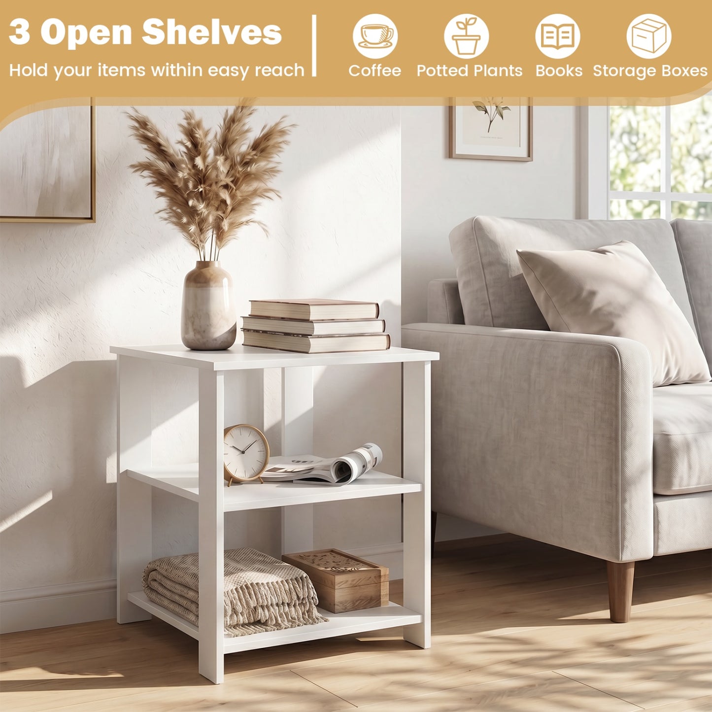 3-Tier Modern Nightstand Square Side Table with Open Storage Shelves Set of 2, White End & Side Tables at Gallery Canada