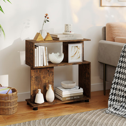 3-Tier Modern S-shaped Bookshelf with Adjustable Feet, Rustic Brown Bookcases Rustic Brown at Gallery Canada