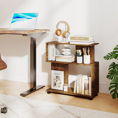 3-Tier Modern S-shaped Bookshelf with Adjustable Feet, Rustic Brown