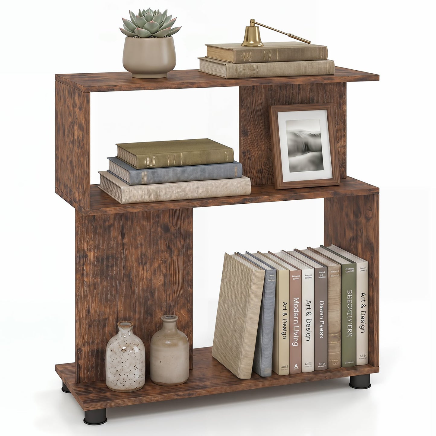 3-Tier Modern S-shaped Bookshelf with Adjustable Feet, Rustic Brown