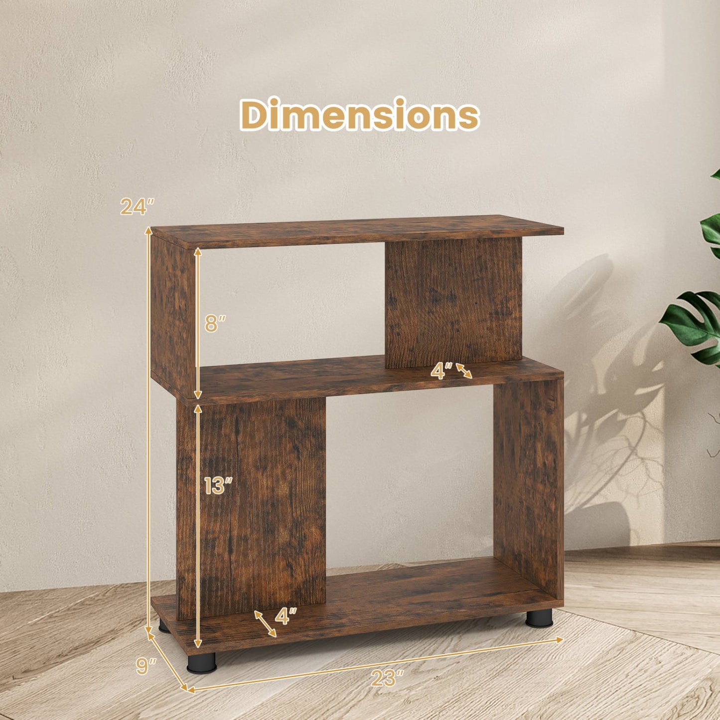 3-Tier Modern S-shaped Bookshelf with Adjustable Feet, Rustic Brown