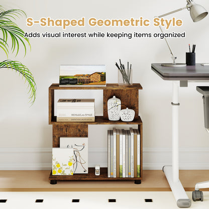 3-Tier Modern S-shaped Bookshelf with Adjustable Feet, Rustic Brown