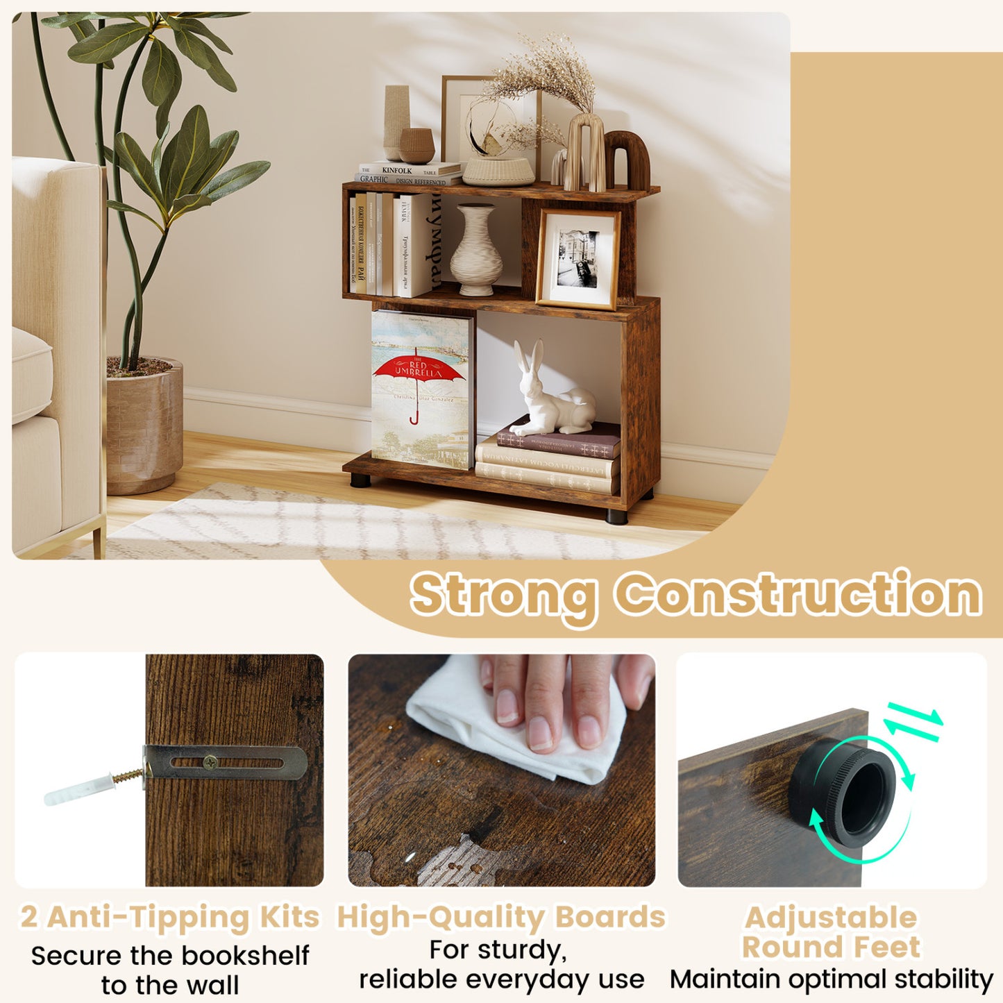 3-Tier Modern S-shaped Bookshelf with Adjustable Feet, Rustic Brown