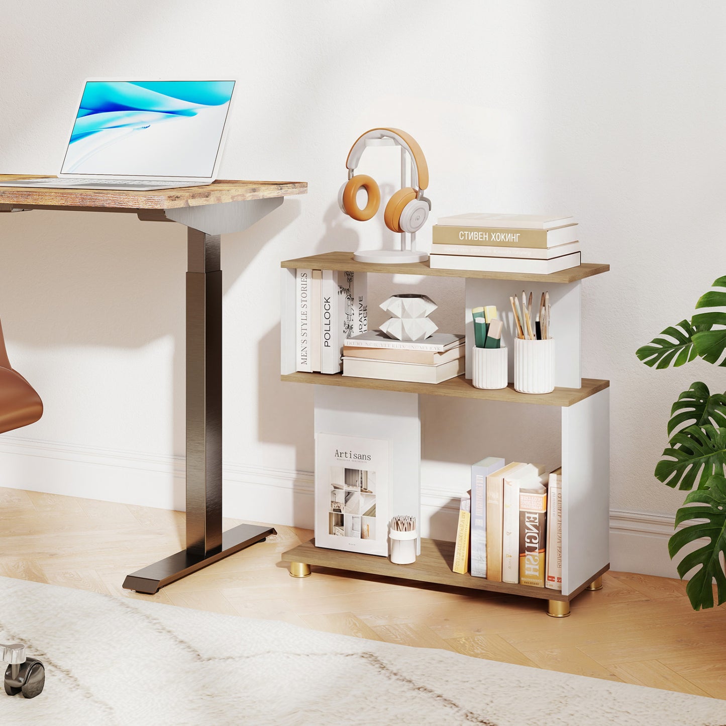 3-Tier Modern S-shaped Bookshelf with Adjustable Feet, White